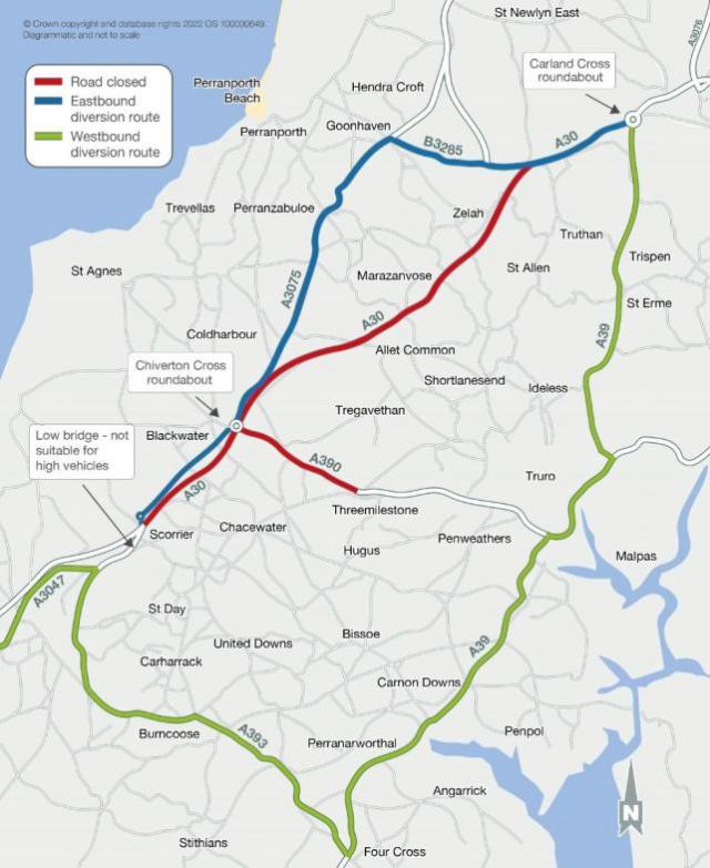 diversion routes during this weekend’s A30/A390 closure (Image: Supplied)
